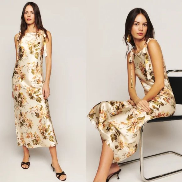 Reformation Aden Silk Midi Slip Dress Sz S Bella Floral Shoulder - Main Image